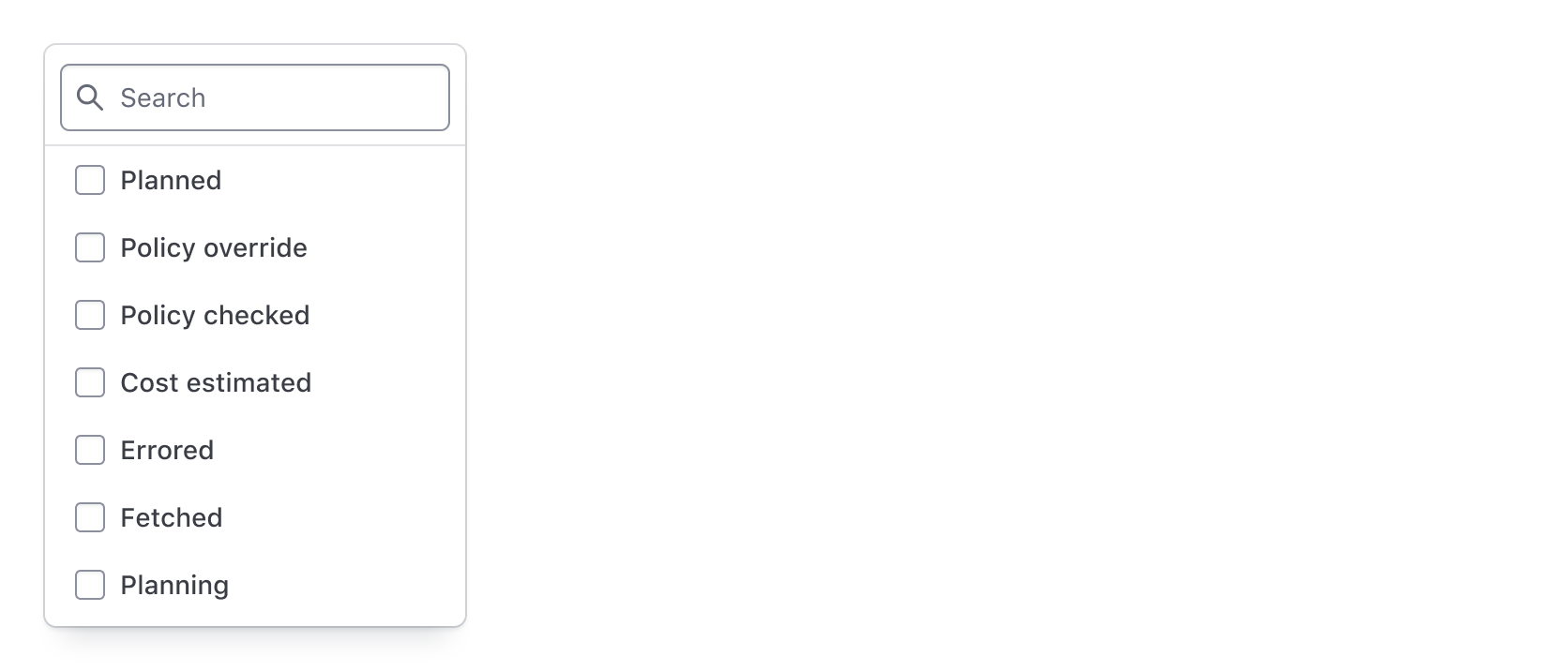 Dropdown menu with a header that includes a search field